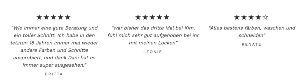 Grafik mit drei 5-Sterne-Kundenbewertungen für den Friseursalon Holz´s Köpfe.